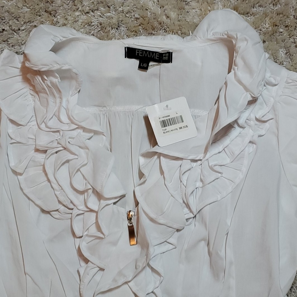 Femme Zip Front White Blouse - Picture 2 of 3